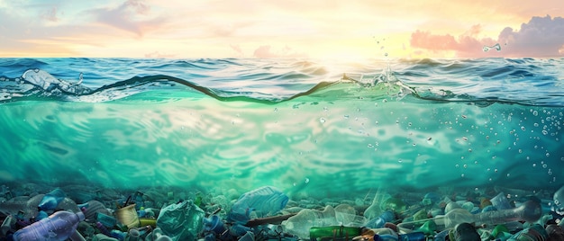 Photo plastic waste floats on the turquoise ocean surface while the sun rises highlighting the urgent need for environmental awareness and ocean conservation