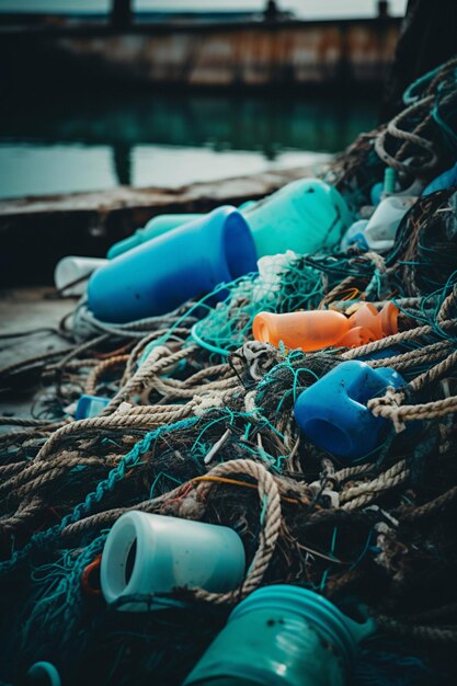 Plastic waste tangled in fishing nets close up Pollution of sea or ocean Ecological disaster