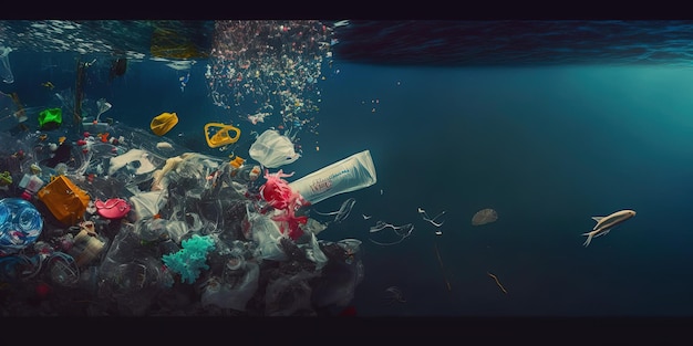 Plastic waste and trash underwater in the ocean Ocean pollution