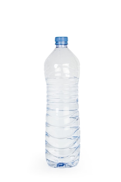 A plastic water bottle on a white background