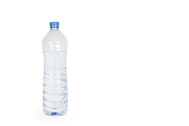 A plastic water bottle on a white background