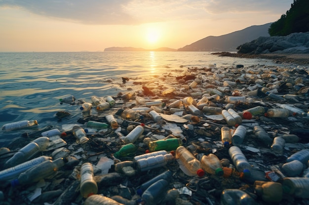 Plastic water bottles pollution on ocean shore environment concept ai generated