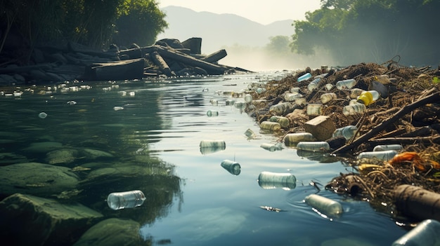 Plastic water bottles pollution on the riverbank environment concept ai generated