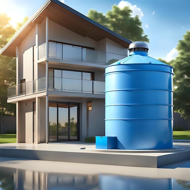 Photo plastic water tower 3d rendering with blue tank design