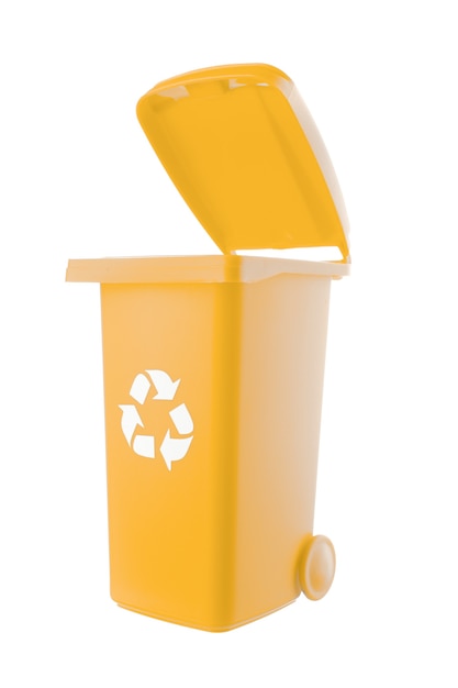 Plastic yellow trash can isolated on white background