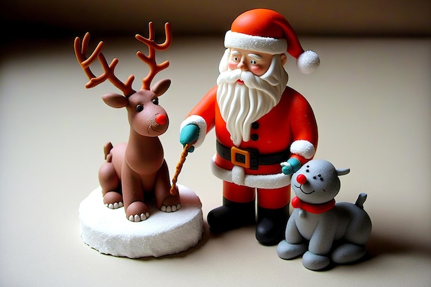 Plasticine santa claus in red suit with deer and little animal created with generative ai