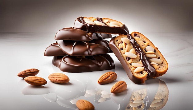 Photo a plate of almond biscotti cookies dipped in chocolate and sliced almonds