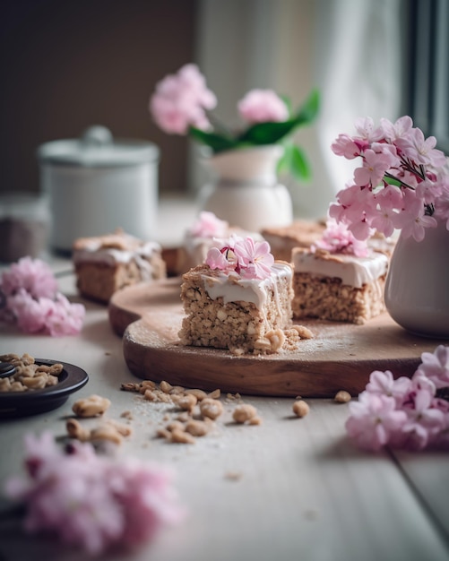 A plate of almond cake with a few almonds on it