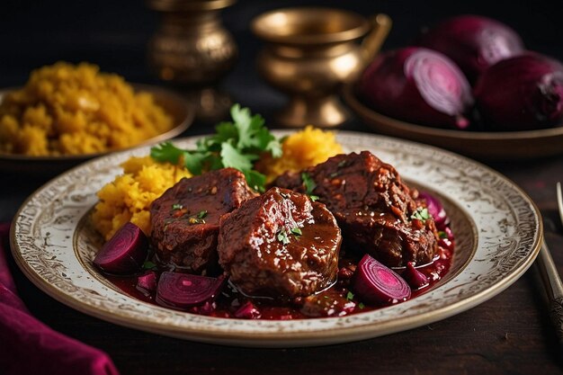 Photo a plate of aloo gosht served with roasted beetroot