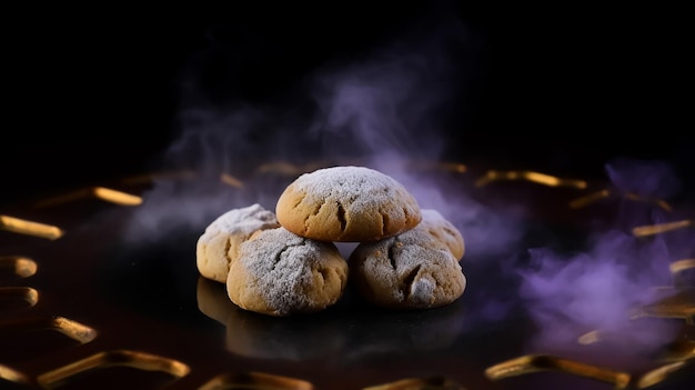 A plate of Arabian Kahk cookies with a gold plate with a teapot in the background