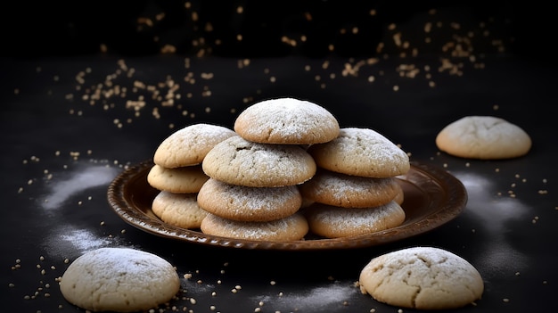 A plate of Arabian Kahk cookies with a gold plate with a teapot in the background