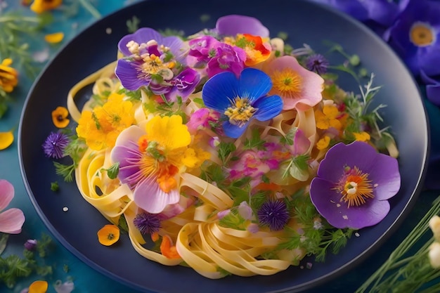 a plate of artisanal pasta adorned with vibrant edible flowers fresh herbs Ai generative