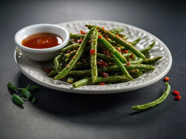 a plate of asparagus with a cup of sauce next to it