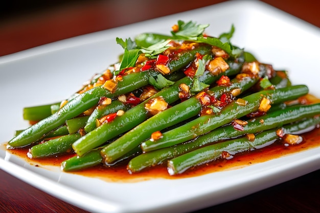 Photo a plate of asparagus with a red sauce