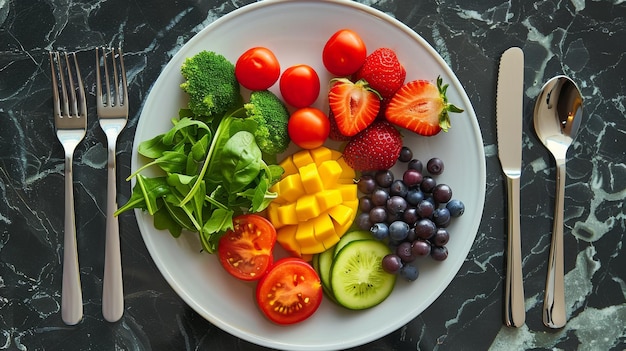 A plate of assorted fruits and vegetables is set on a table with a fork knife