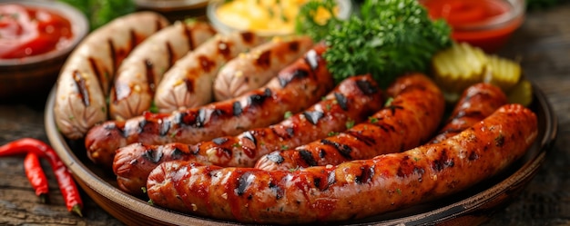 Photo plate of assorted grilled sausages served with mustard and pickles on a wooden table a popular choice at the oktoberfest festival