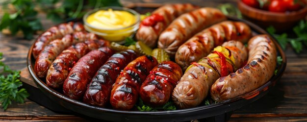 Photo plate of assorted grilled sausages served with pickles and mustard on a wooden oktoberfest table