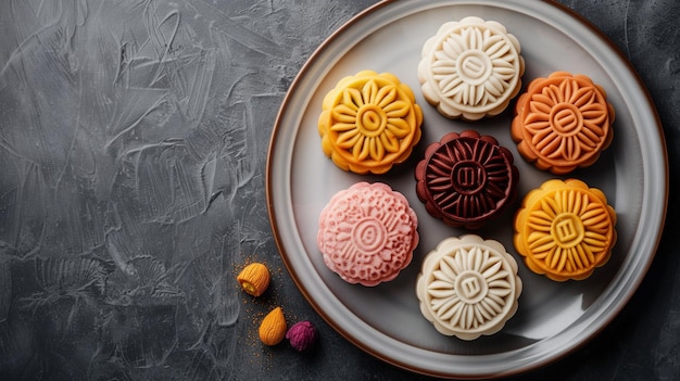 Photo a plate of assorted mooncakes with intricate designs