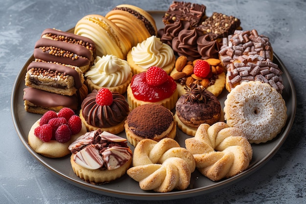 a plate of assorted pastries including chocolate raspberry and raspberry