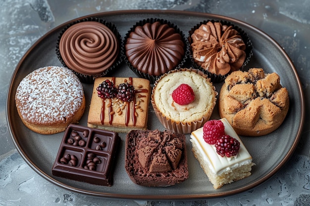 a plate of assorted pastries including raspberry raspberry and chocolate