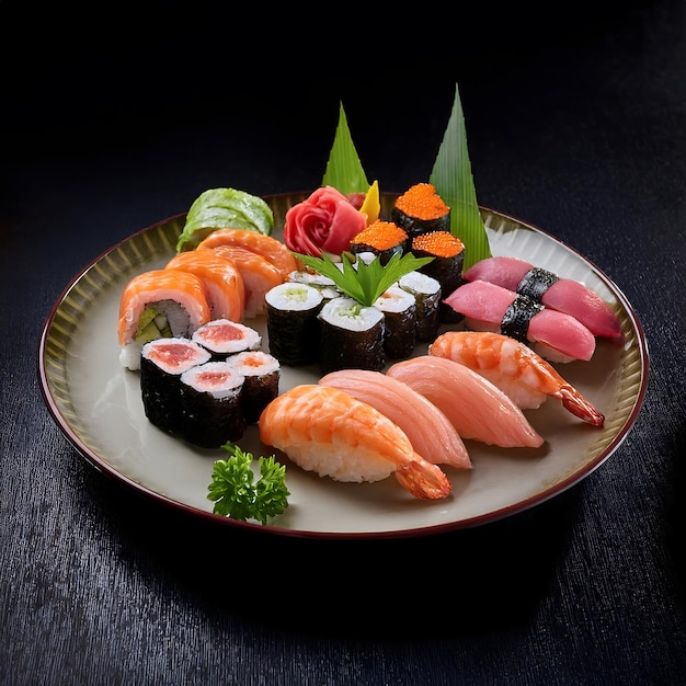 A plate of assorted sushi rolls with a variety of colors and ingredients