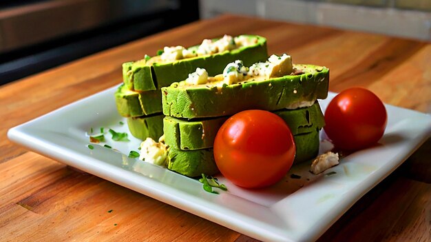 Photo plate of avocado toast sticks arranged neatly featuring 4 goldenbrown breadsticks topped