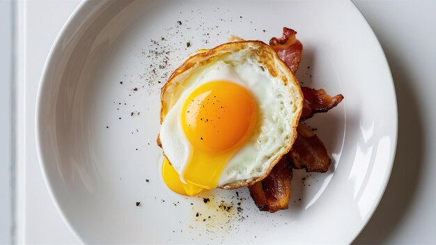 A plate of bacon and egg with a yolk on top