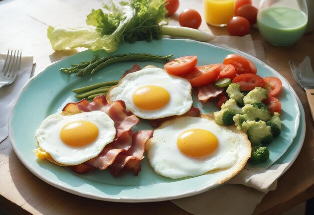 Photo a plate of bacon eggs and vegetables