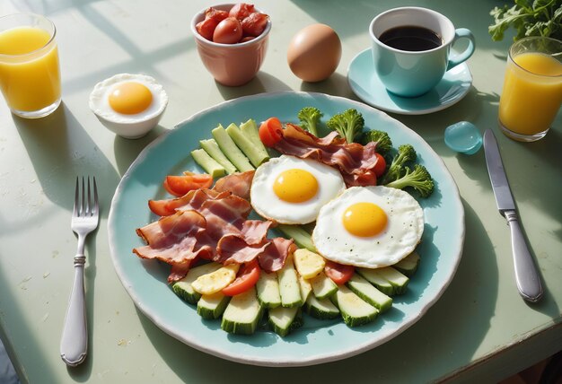 Photo a plate of bacon eggs and vegetables