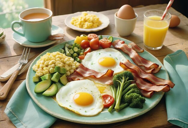 Photo a plate of bacon eggs and vegetables