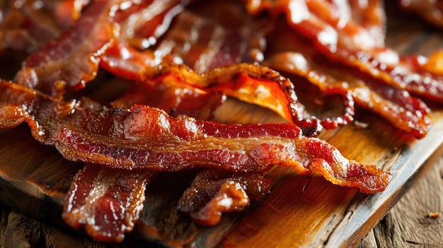 Plate of bacon is on wooden table