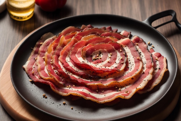 A plate of bacon on a table with a glass of juice