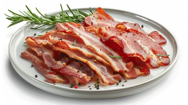 A plate of bacon with rosemary and pepper on it