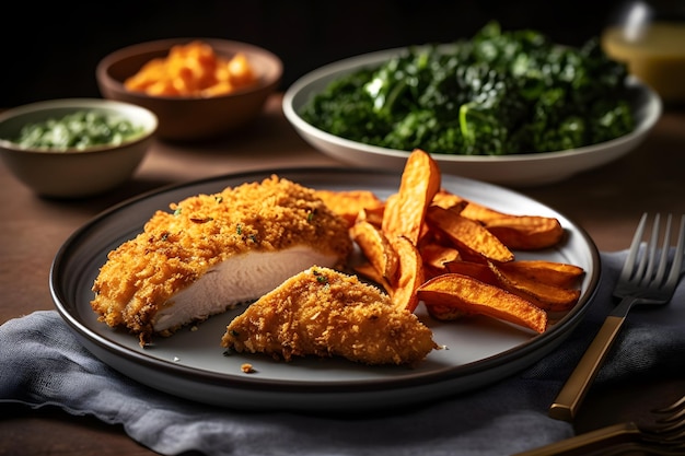 A plate of baked chicken with sweet potato fries and greens on the side.