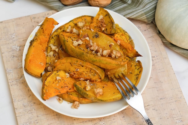 Plate of baked pumpkin Thanksgiving food