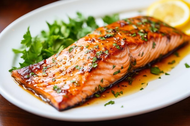 A plate of baked salmon with a honey mustard gl Seafood Photos 837jpg