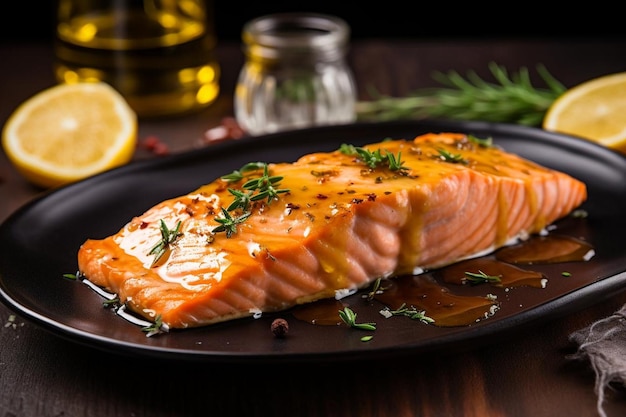 A plate of baked salmon with a honey mustard gl Seafood Photos 838jpg