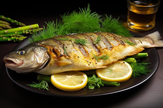 A plate of baked trout with a side of asparagu Seafood Photos 875jpg