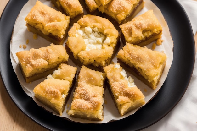 A plate of baklava with a plate of food on it