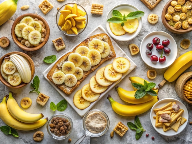 a plate of bananas bananas and other foods including bananas and peanut butter