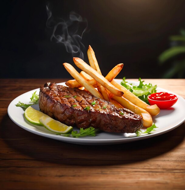 A PLATE OF BBQ MEAT WITH FRENCH FRIES POTATOES