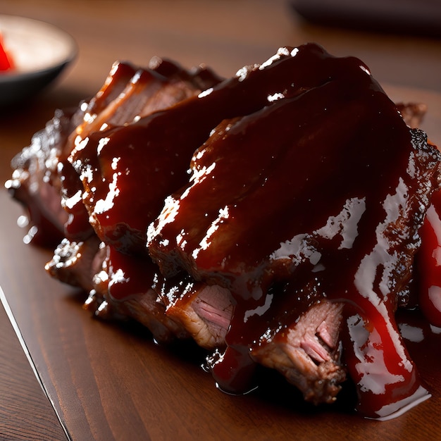 A plate of bbq ribs with bbq sauce on it