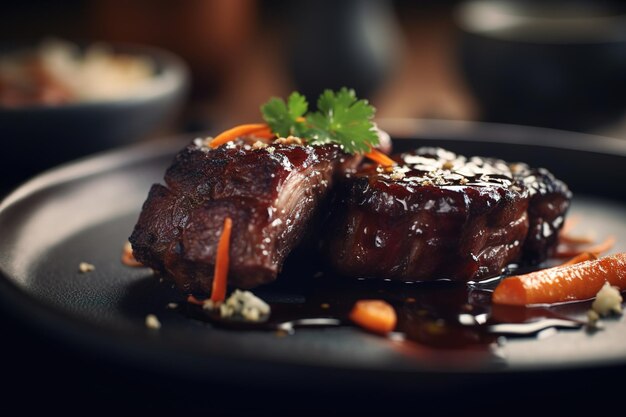 A plate of beef short ribs with carrots and parsley on it