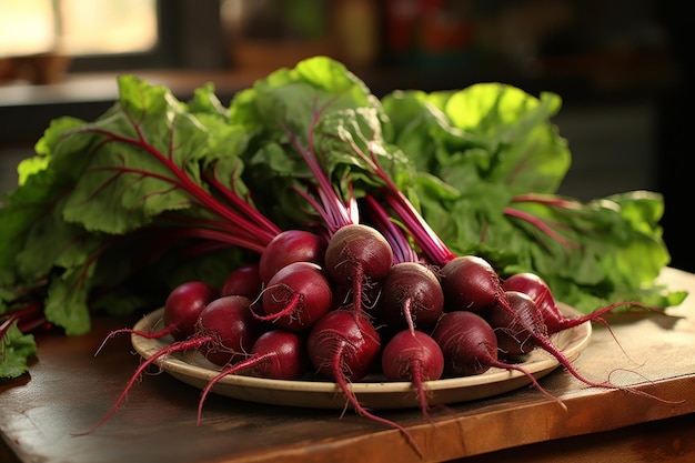 Plate of Beets and Greens on Table