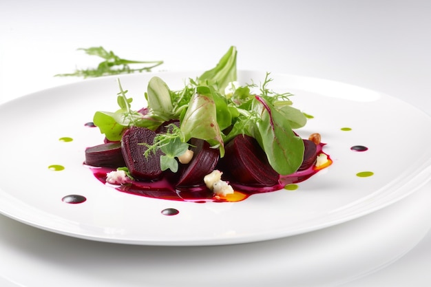 A plate of beets with a red sauce on it