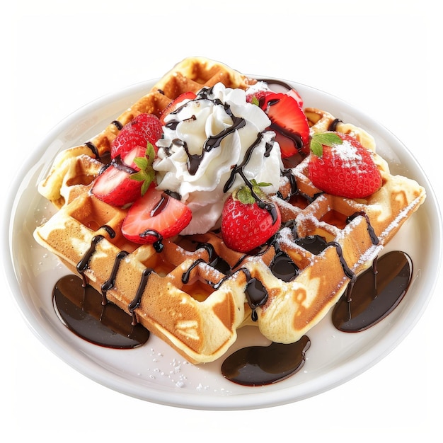 Photo a plate of belgian waffles topped with fresh strawberries whipped cream and a drizzle of