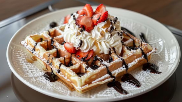 Photo a plate of belgian waffles topped with strawberries whipped cream and a drizzle of chocolate sauce