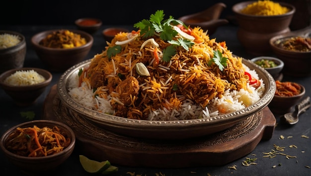 A plate of biryani with a bunch of food on it