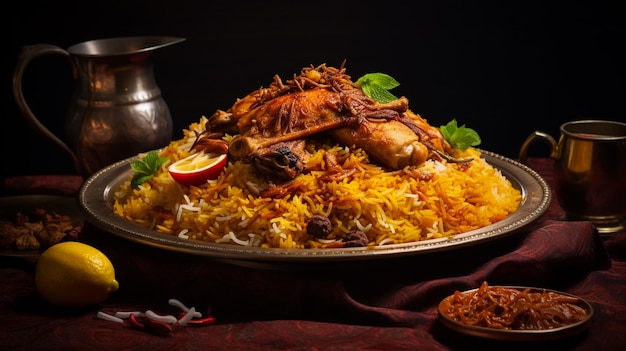 plate of biryani with a bunch of food