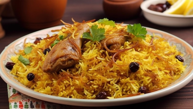 A plate of biryani with a plate of food on it